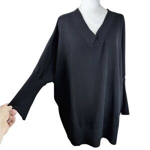 MATTY M Women's Loose Contemporary Chic Black V-neck Sweater Ribbed Trimming XXL